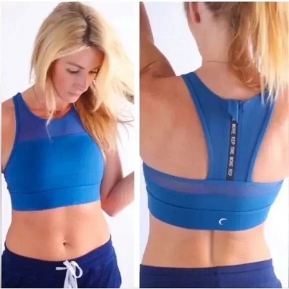 Zyia Active Sports Bra Womens L High Neck Mesh Gym Longline‎ Blue EUC
